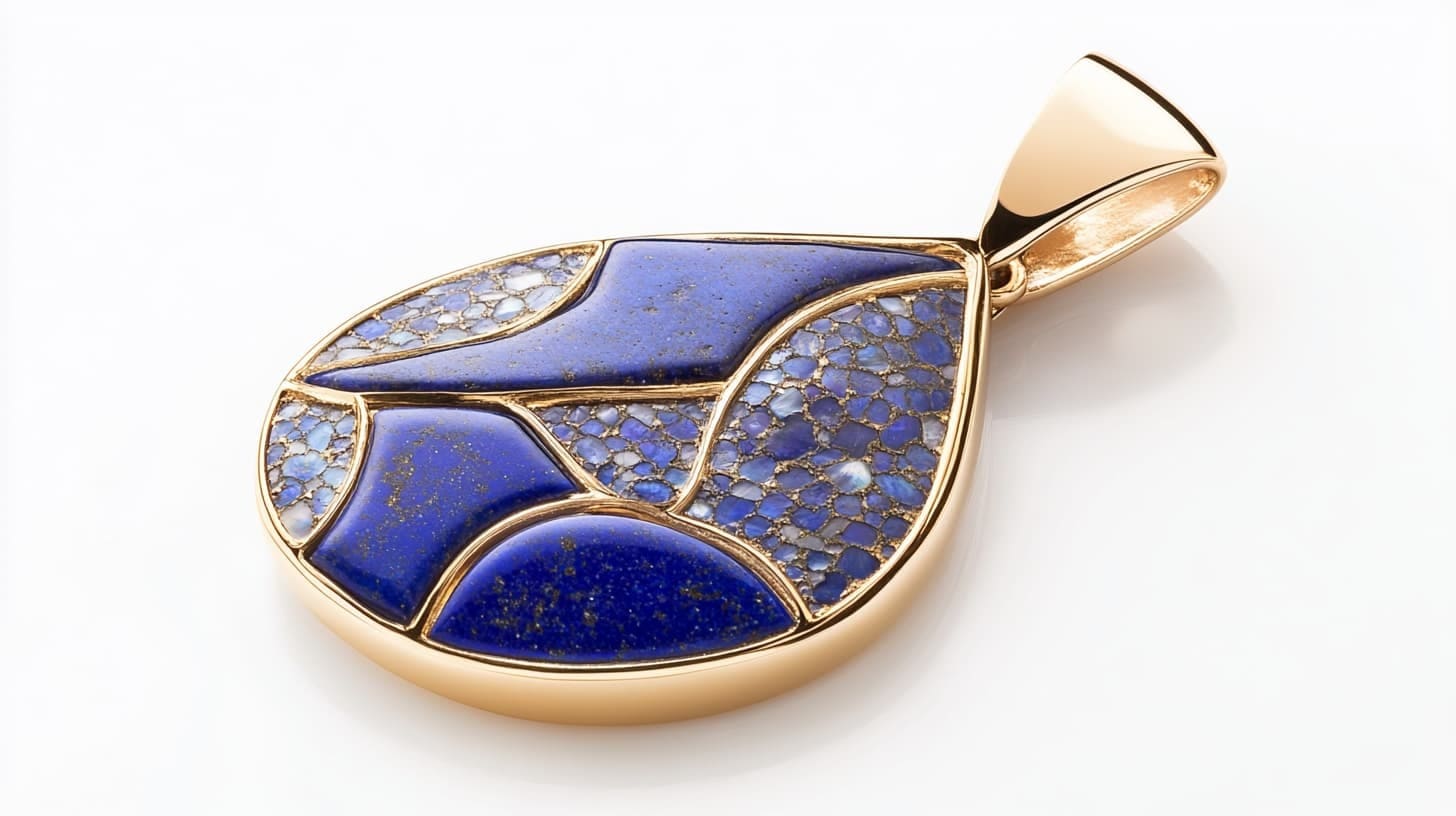 Teardrop gold pendant inlaid with lapis lazuli and opal mosaic sections