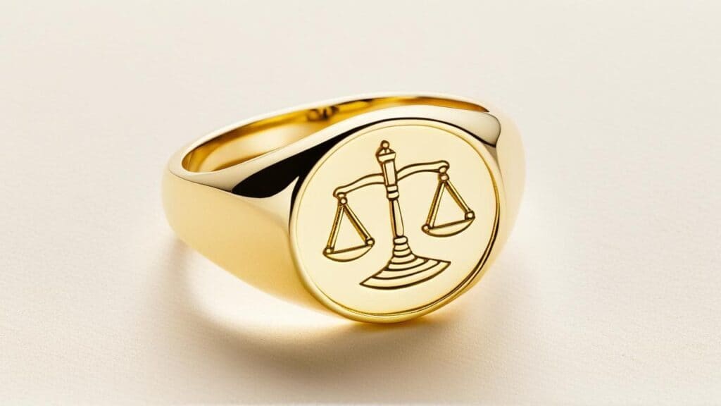 Gold signet ring featuring the scales of justice symbol representing the Libra zodiac sign