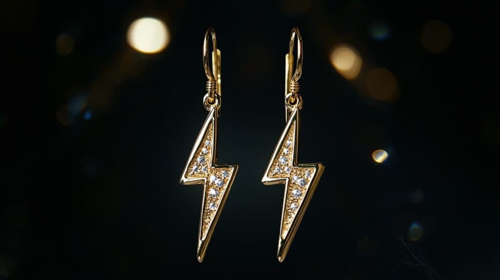 Pair of gold lightning bolt earrings adorned with gemstones, representing creativity and dynamic energy in jewelry.