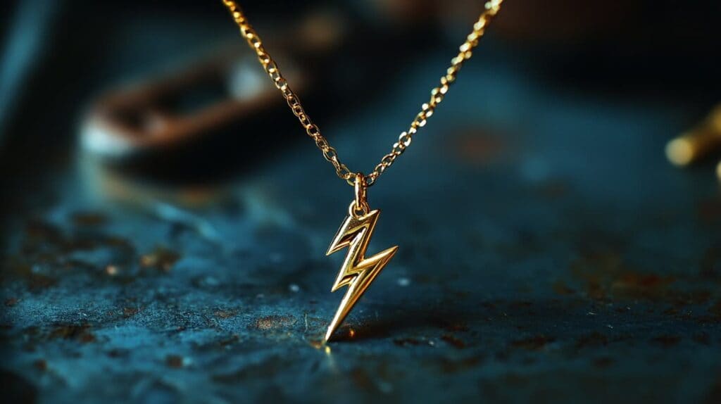 Close-up of a gold lightning bolt necklace resting on a dark surface, symbolizing power and creativity in jewelry design.