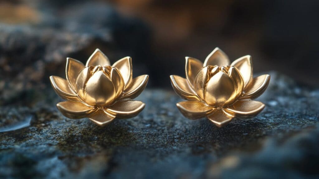Elegant gold lotus flower stud earrings, representing purity and strength, placed on a textured surface.