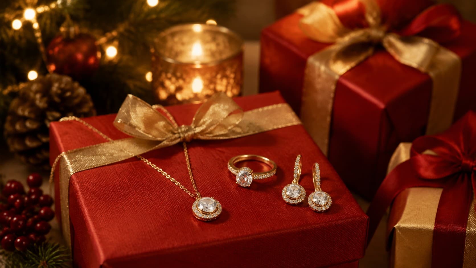 Gold necklace, ring, and hoop earrings arranged on a wrapped red Christmas gift box beside a candle and holiday greenery