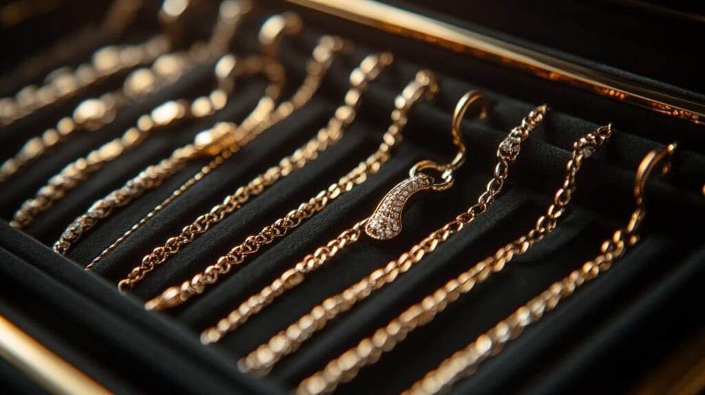Gold necklaces neatly stored in a velvet-lined jewelry box to prevent tangling and scratches.