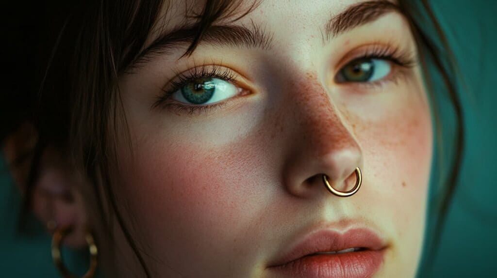 Closeup of a woman with a gold nose ring, emphasizing the elegance of high-quality nose piercing jewelry.