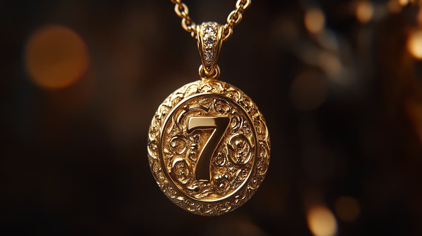 Ornate gold medallion pendant embossed with the number 7 on a chain
