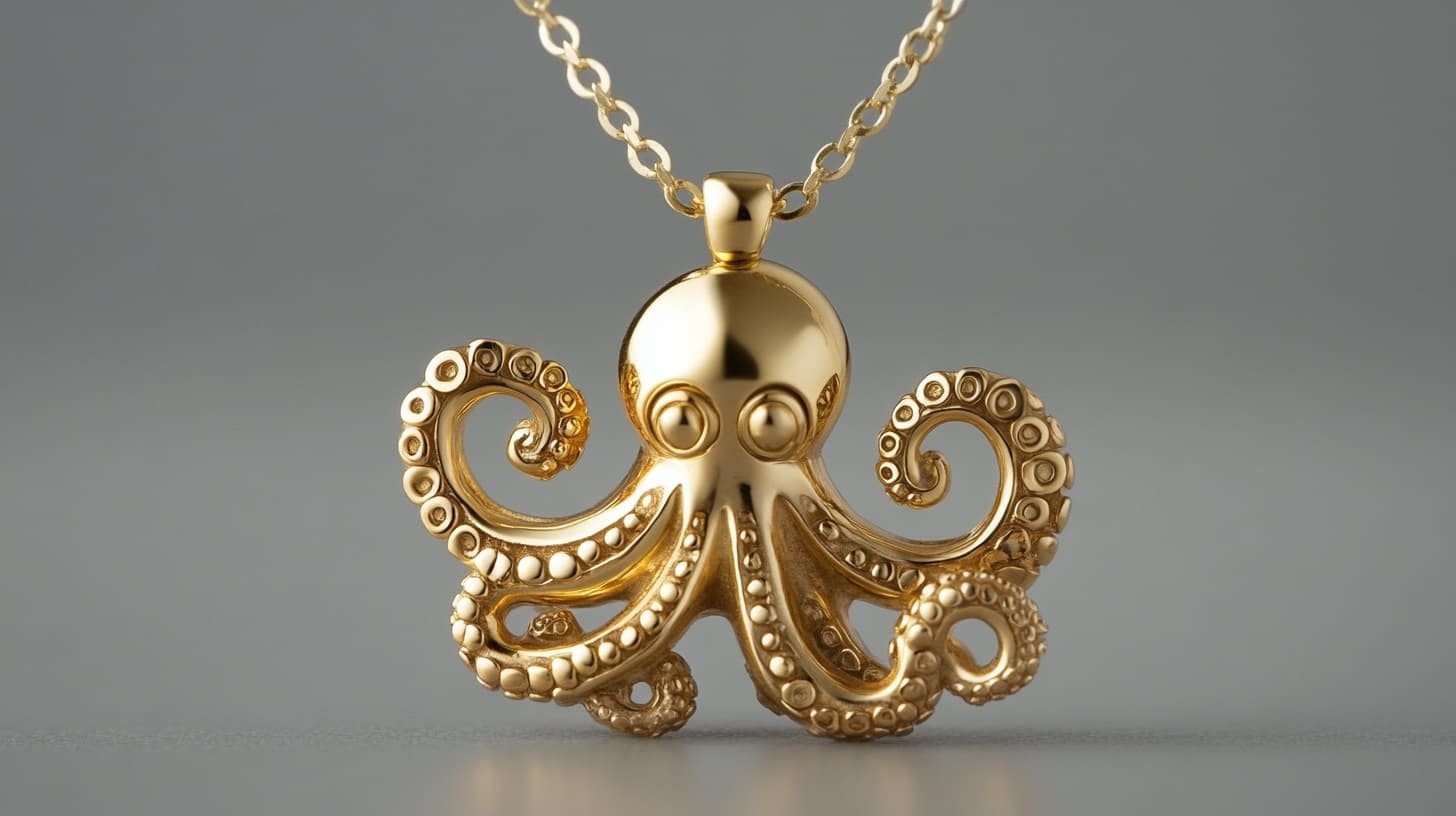 Gold octopus pendant with curled suckered tentacles on a chain