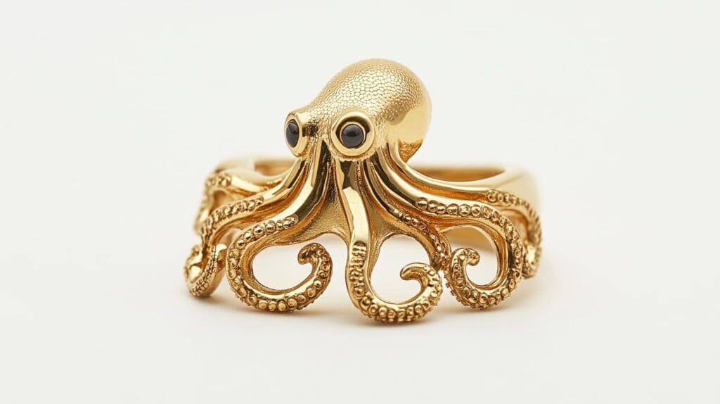 Elegant gold octopus ring featuring tentacles wrapping around the band, with black gemstone eyes for a luxurious marine-inspired design.