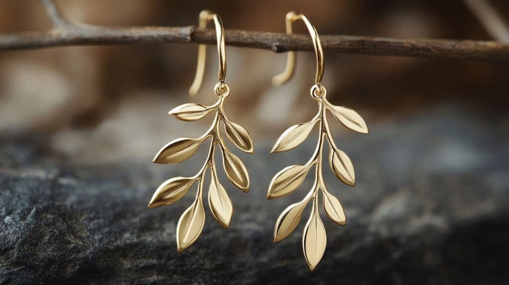 Pair of gold olive branch earrings, symbolizing peace, harmony, and elegance.