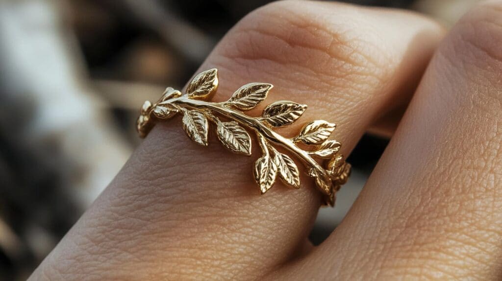 Gold olive branch ring, symbolizing resilience, peace, and timeless elegance.