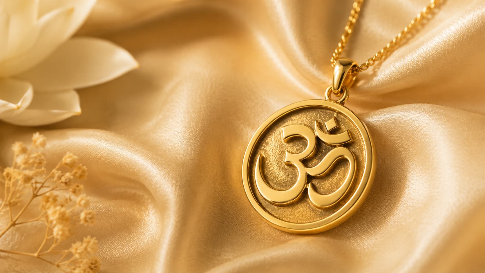 Gold Om pendant necklace on satin fabric