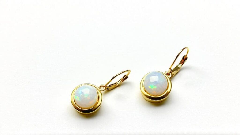 Round cabochon opal earrings in gold settings showing vibrant flashes of color