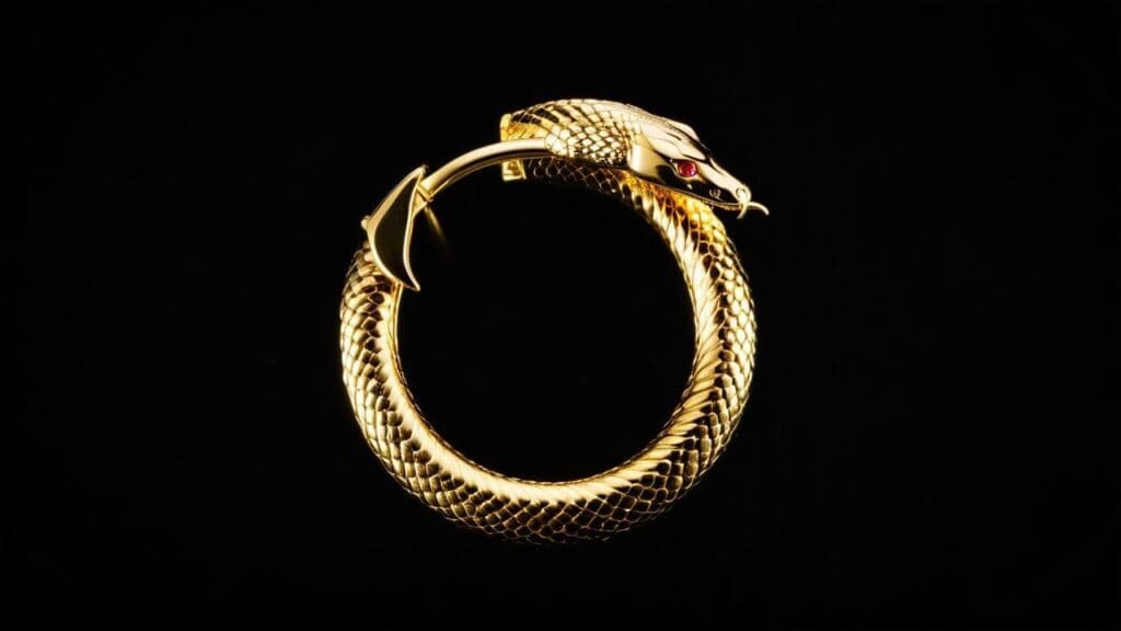 A pair of gold Ouroboros hoop earrings designed as intricately detailed serpents biting their own tails, featuring textured scales and red gemstone eyes, symbolizing eternity and renewal.