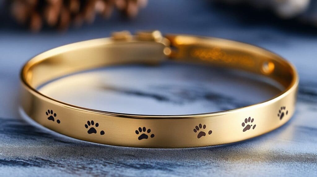 Gold bracelet featuring engraved paw prints, perfect for pet owners to honor their animal companions.