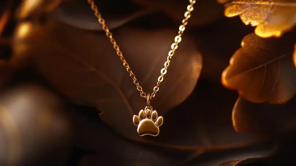 Gold paw print charm necklace representing a deep connection with animals and nature.