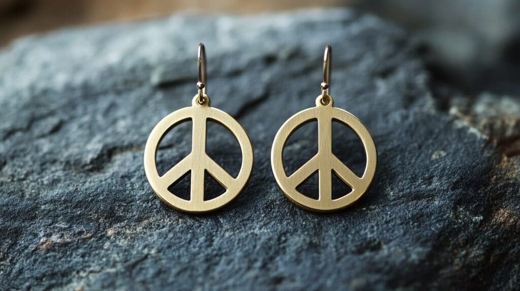 Pair of gold peace sign earrings displayed on a textured stone background, representing harmony and elegance.