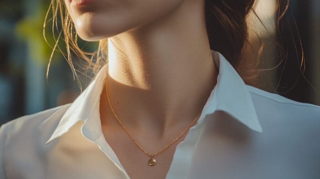 Gold pendant necklace paired with a white collared shirt, creating a professional business casual look.