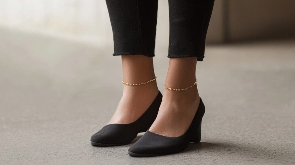 Pair of gold permanent anklets worn with black shoes, showing a subtle and elegant jewelry choice for everyday wear.