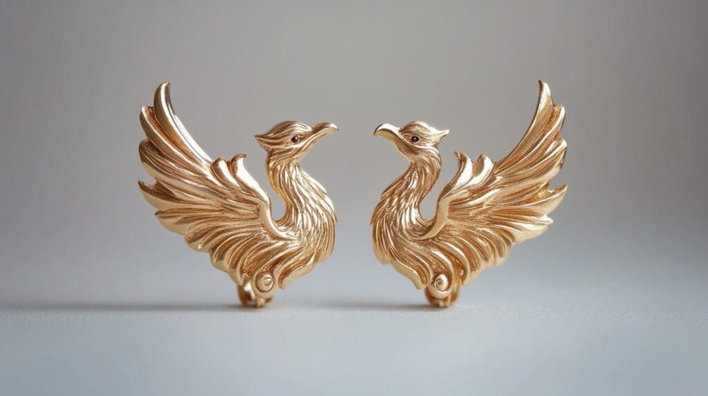 Symmetrical gold Phoenix earrings with flowing wing designs, symbolizing transformation and balance in personal adornment.