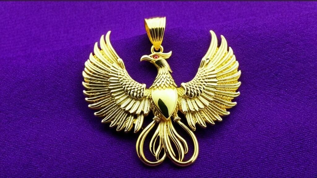Gold phoenix pendant with ruby eye detail showcasing rebirth and transformation fire symbolism