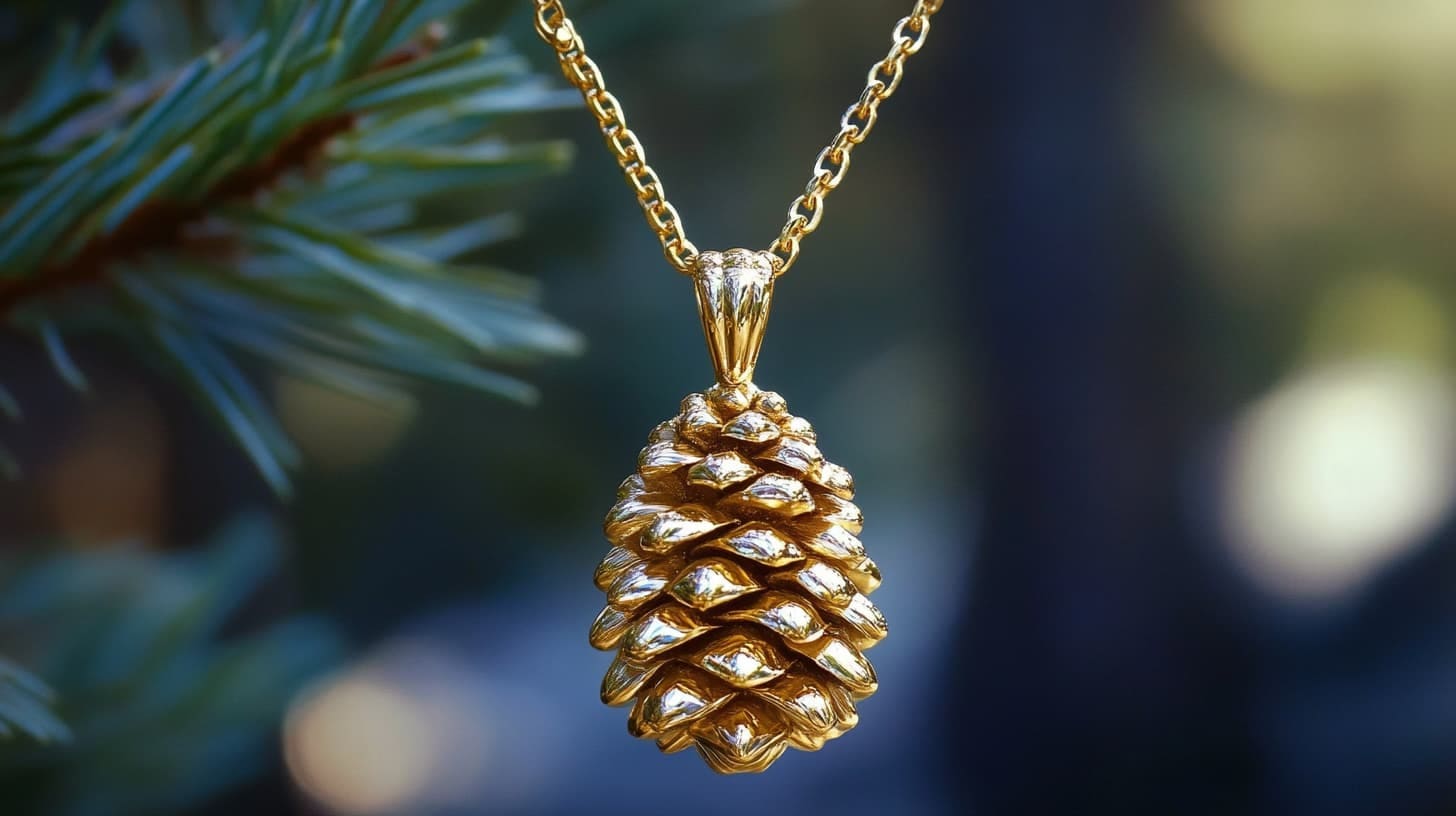 Gold pinecone pendant on a chain hanging before pine branches