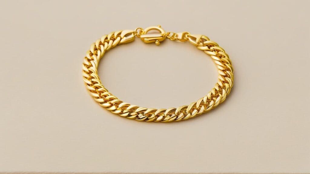Gold plated chain bracelet displaying lustrous electroplated coating, demonstrating electroplating jewelry quality