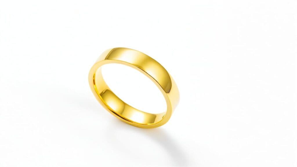 Gold plated ring showing shiny electroplated finish on white background, example of electroplating jewelry process