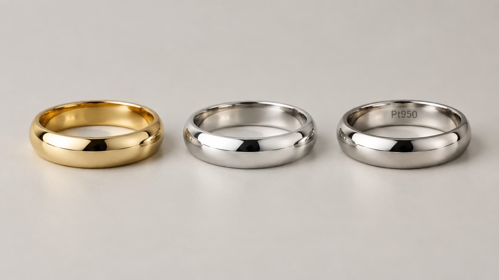 Comparison of a yellow gold ring, a white metal ring, and a Pt950-stamped platinum ring side by side