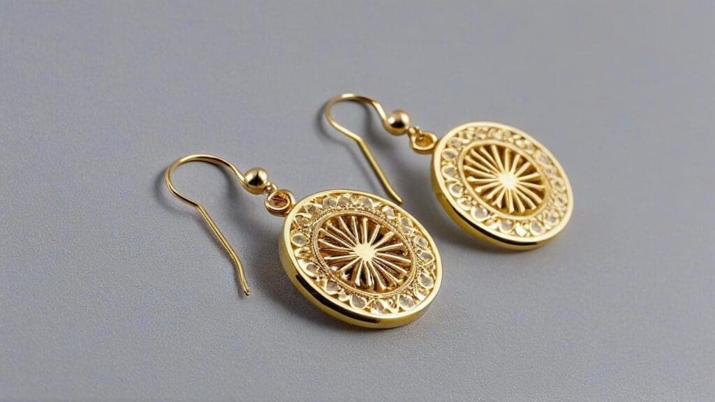Gold PVD coated earrings with intricate circular design and fishhook clasps