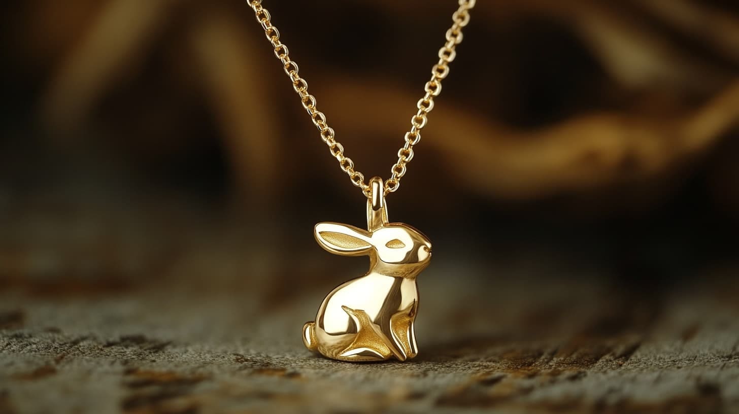 Small gold sitting rabbit pendant on a chain in warm light