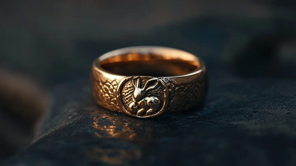 Gold ring with an engraved rabbit design, symbolizing luck and abundance in a detailed and textured style.