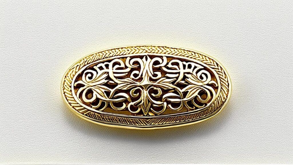Ornate gold brooch featuring intricate repoussé filigree design with floral and scroll motifs, showcasing fine metalworking craftsmanship.