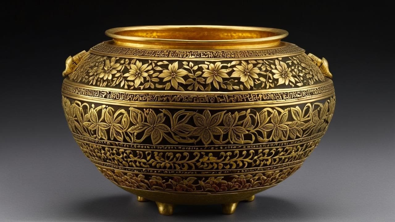 Gold vessel worked in repousse with bands of flowers and scrollwork