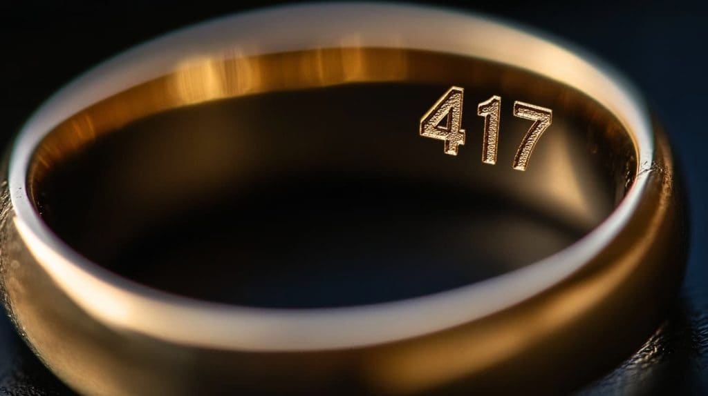Close-up of a gold ring engraved with the 417 stamp, representing 10K gold purity and 41.7% gold content.