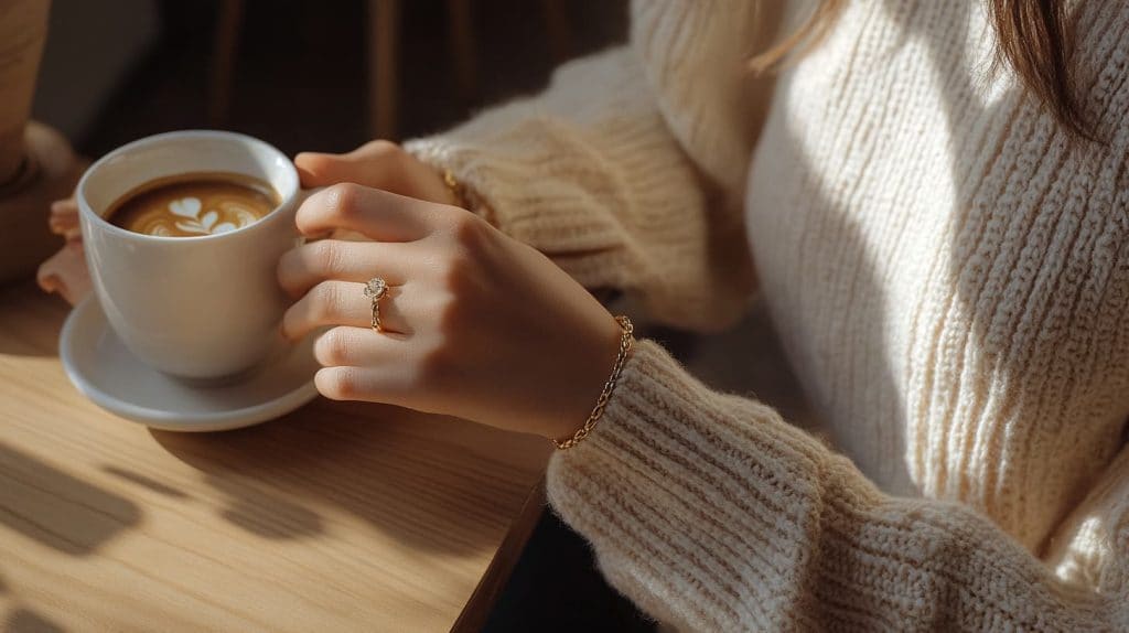 Woman wearing a gold ring and bracelet while enjoying a coffee, highlighting casual chic jewelry perfect for everyday wear.