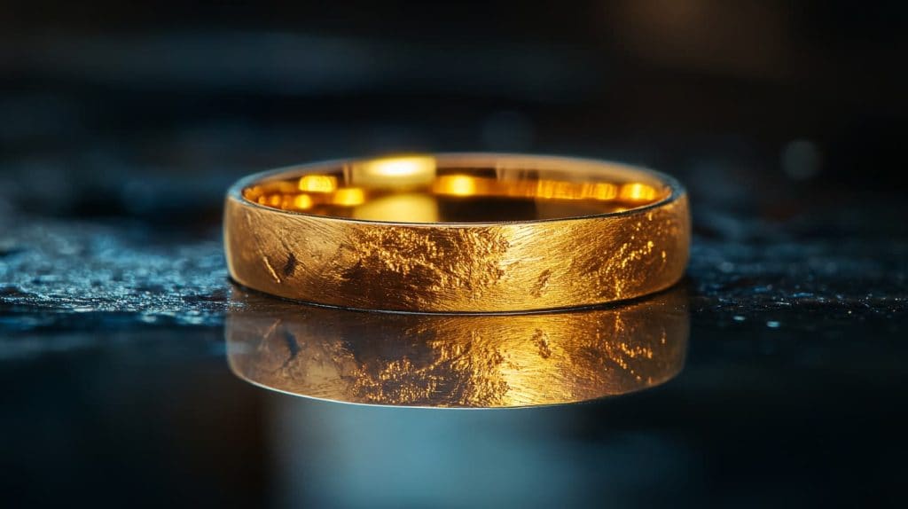 Close-up of a gold ring with a brushed texture, reflecting on a dark surface, highlighting its rich color and refined craftsmanship.