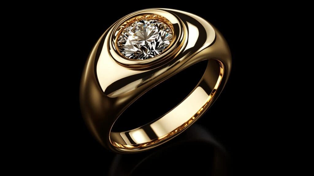 Gold ring with a diamond restored to its original shine after an ionic cleaning process, displayed against a black background.