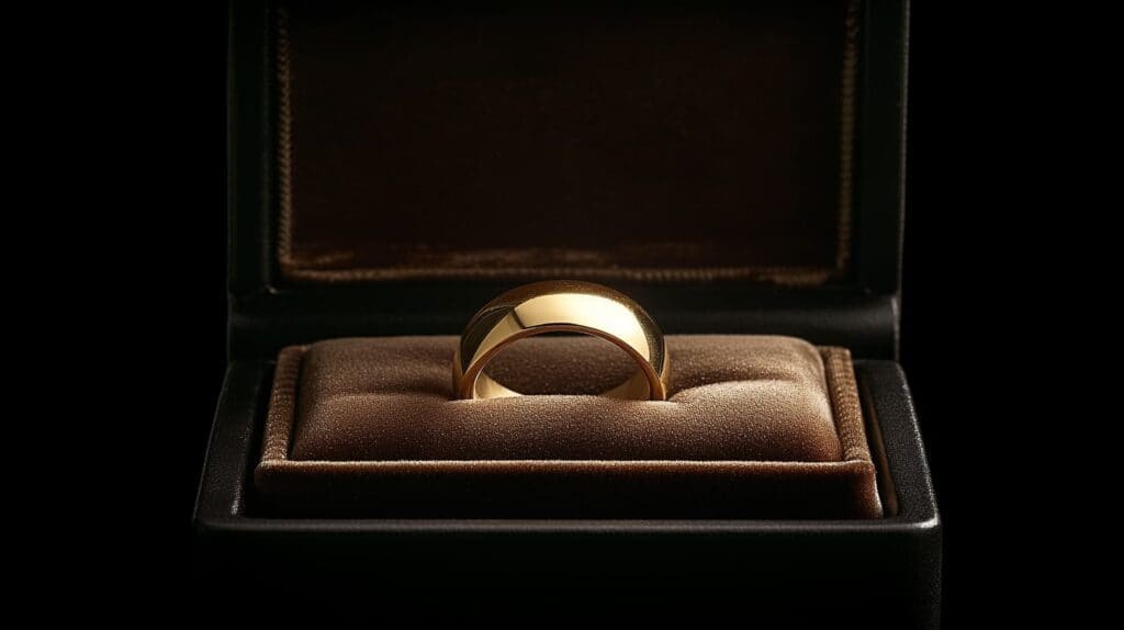Polished gold ring displayed in a velvet-lined luxury jewelry box, showcasing its elegant finish.