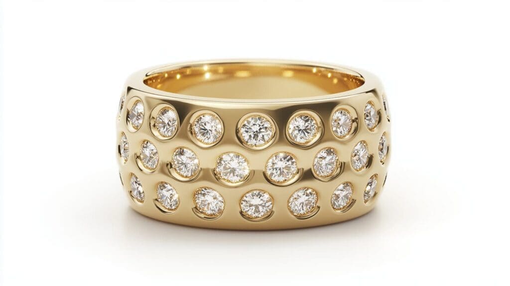 A bold gold ring with multiple flush-set diamonds, designed for a luxurious and eye-catching statement.