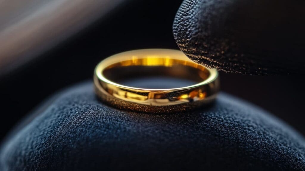 Gold ring being polished with a soft jewelry cleaning cloth, demonstrating an alternative cleaning method for delicate or vintage pieces.
