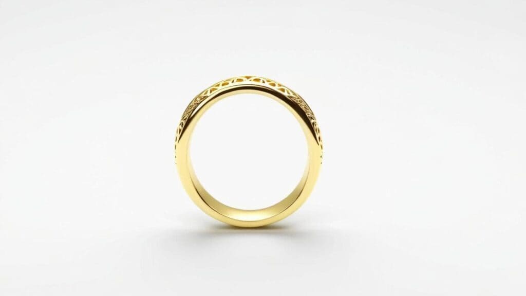 A refined gold ring with intricate filigree, showcasing the final result after quenching and finishing in jewelry making.