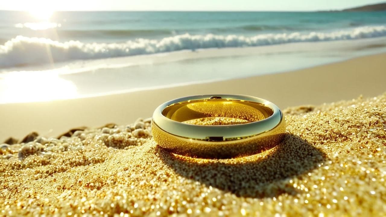 Gold band half-buried in sunlit beach sand with waves behind