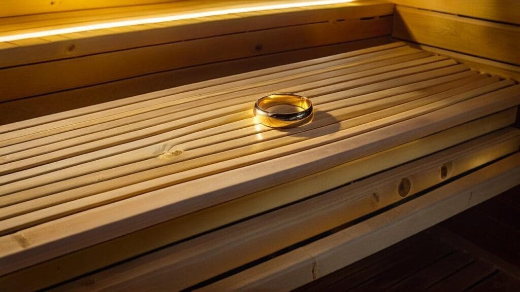 A gold ring placed on a wooden sauna bench, highlighting the risks of prolonged heat exposure to jewelry.