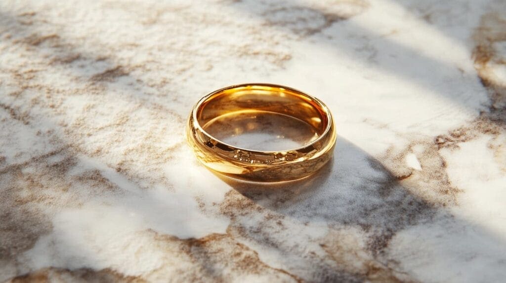 Close-up of a gold ring on a marble surface, symbolizing common jewelry that may get stuck on swollen fingers.