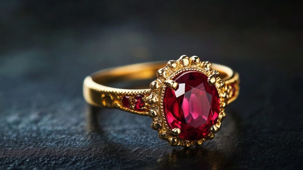 Elegant gold ring featuring an oval ruby gemstone with intricate detailing, symbolizing the timeless beauty of corundum in fine jewelry.