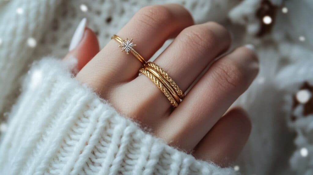 A woman's hand adorned with gold rings, including a delicate snowflake design, against a cozy white knit sweater with falling snowflakes.