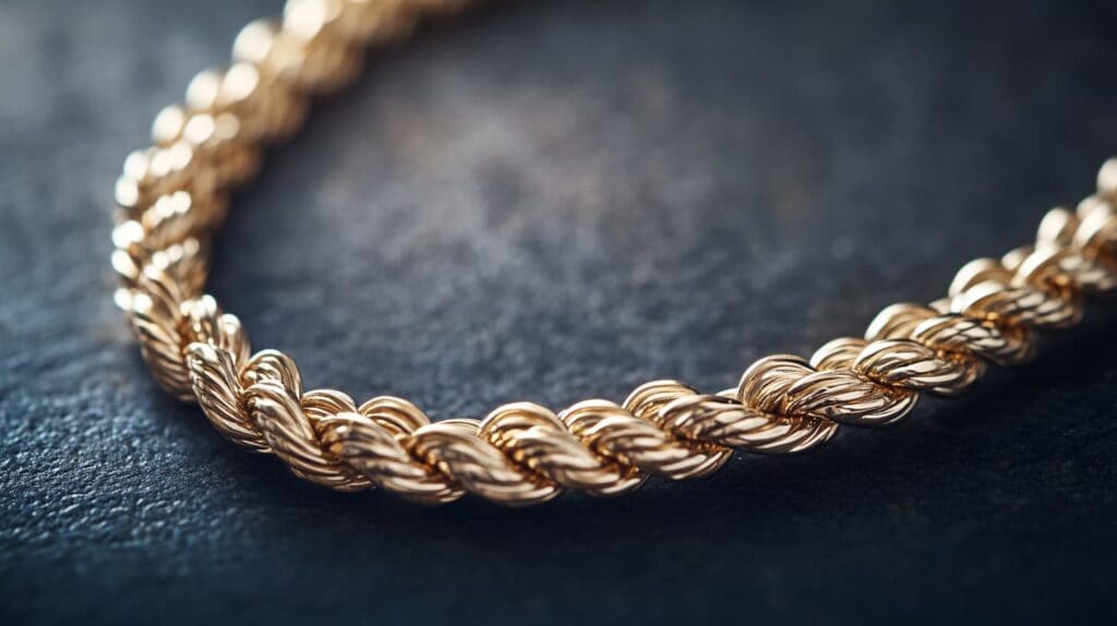 Gold rope chain displayed on a dark surface, showcasing its twisted, durable construction ideal for medium-weight pendants.