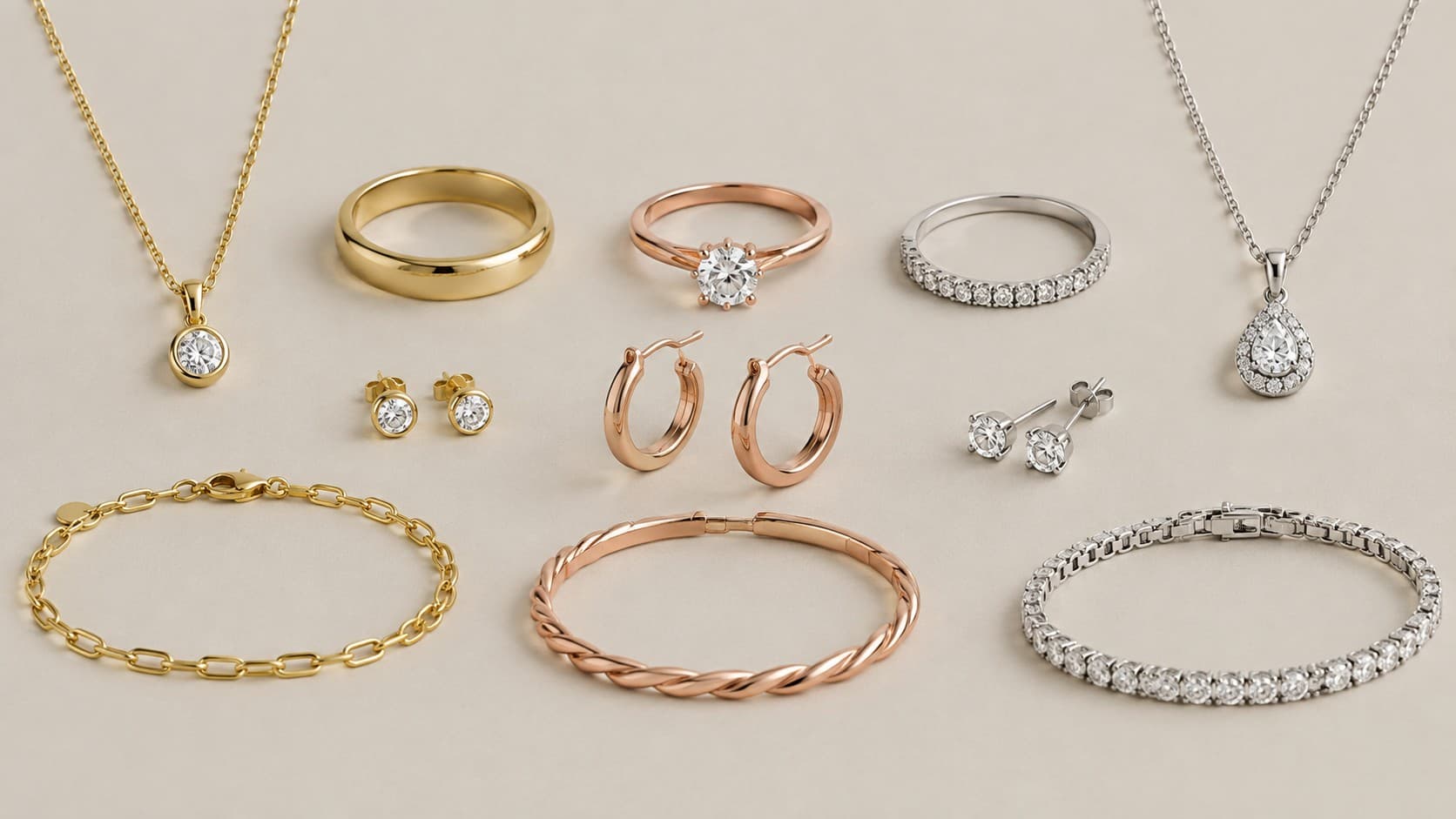 Yellow gold, rose gold, and white gold jewelry collection with rings, necklaces, earrings, and bracelets