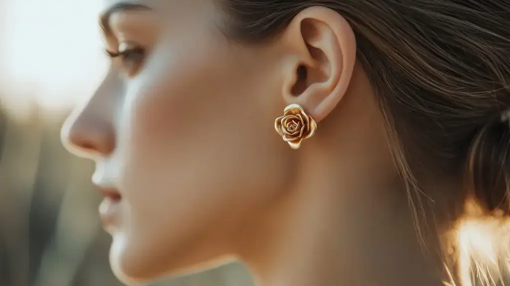 Close-up of a gold rose stud earring worn by a woman, showcasing intricate floral design and elegance in jewelry.