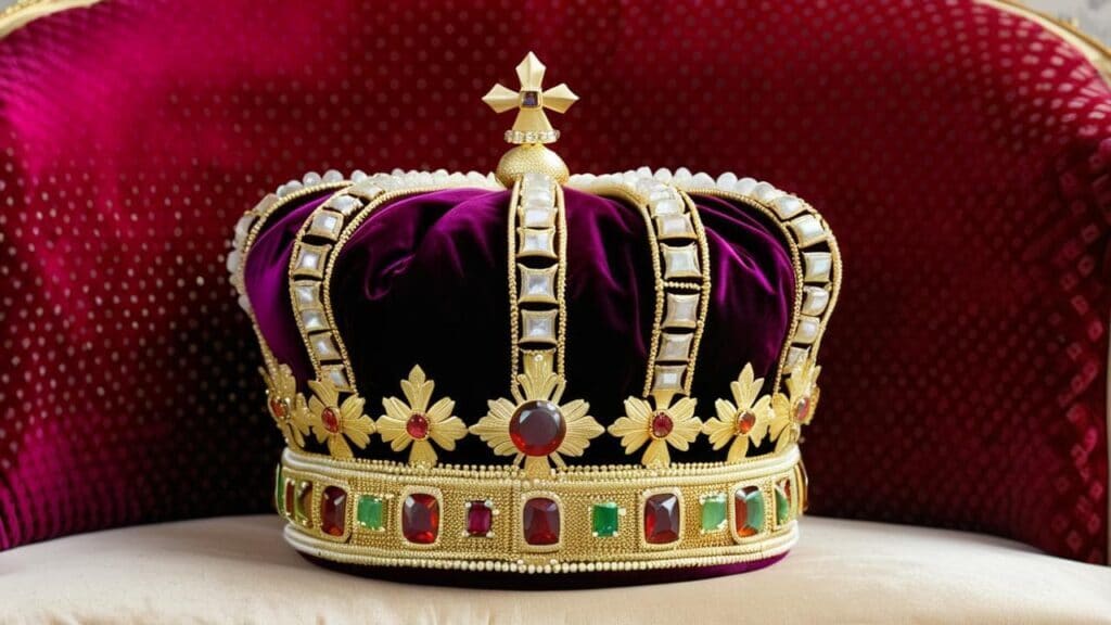 Ornate gold crown with gemstones and velvet lining symbolizing royal power and divine authority
