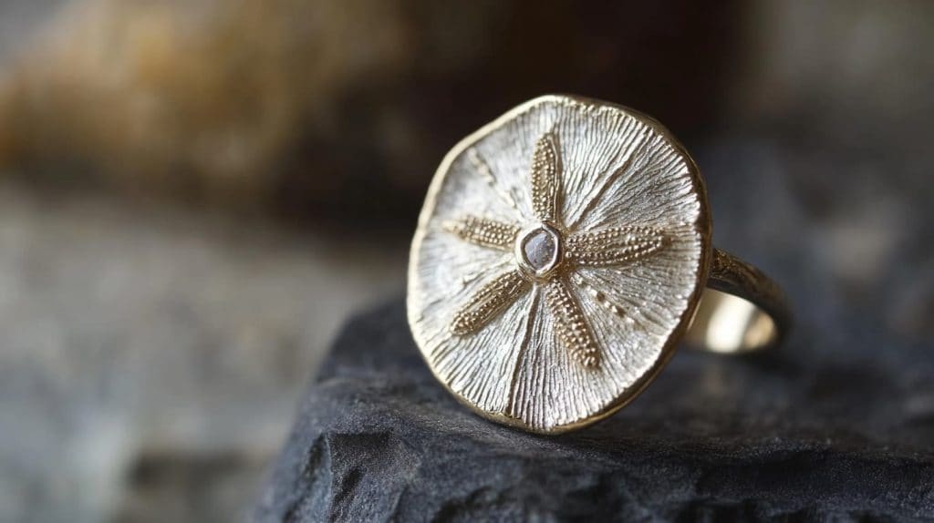 A gold sand dollar ring featuring a small gemstone in the center, blending coastal charm with elegant jewelry craftsmanship.